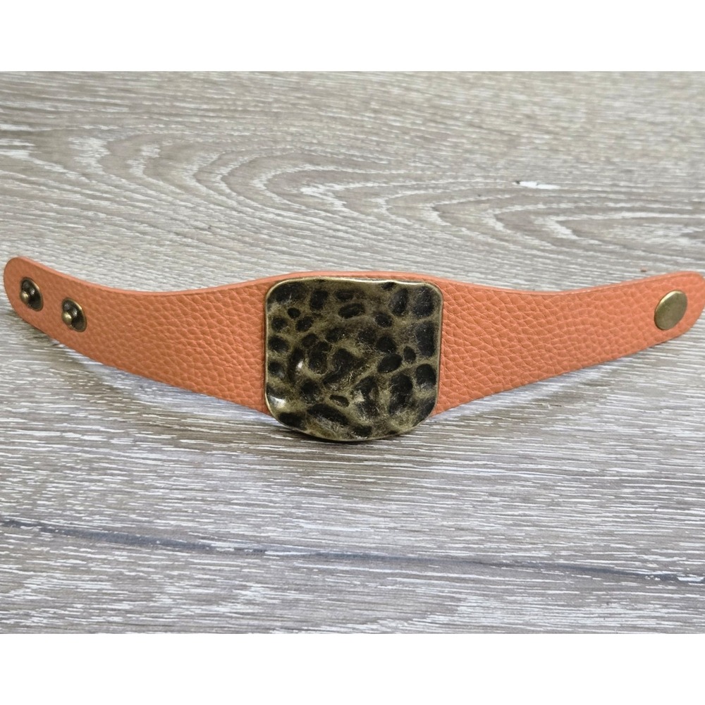 Faux Leather Snap Cuff Bracelet Hammered Brass Coral Accent Peach Wrap Leopard 7